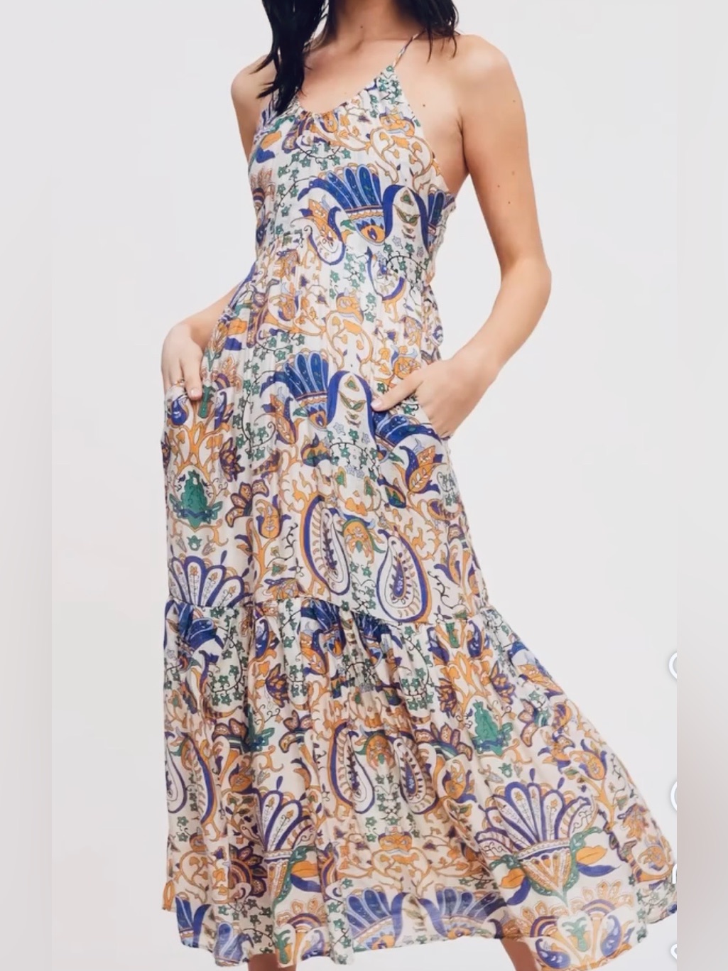 New Cream Paisley Halter Maxi Dress With Blue & Green Accents